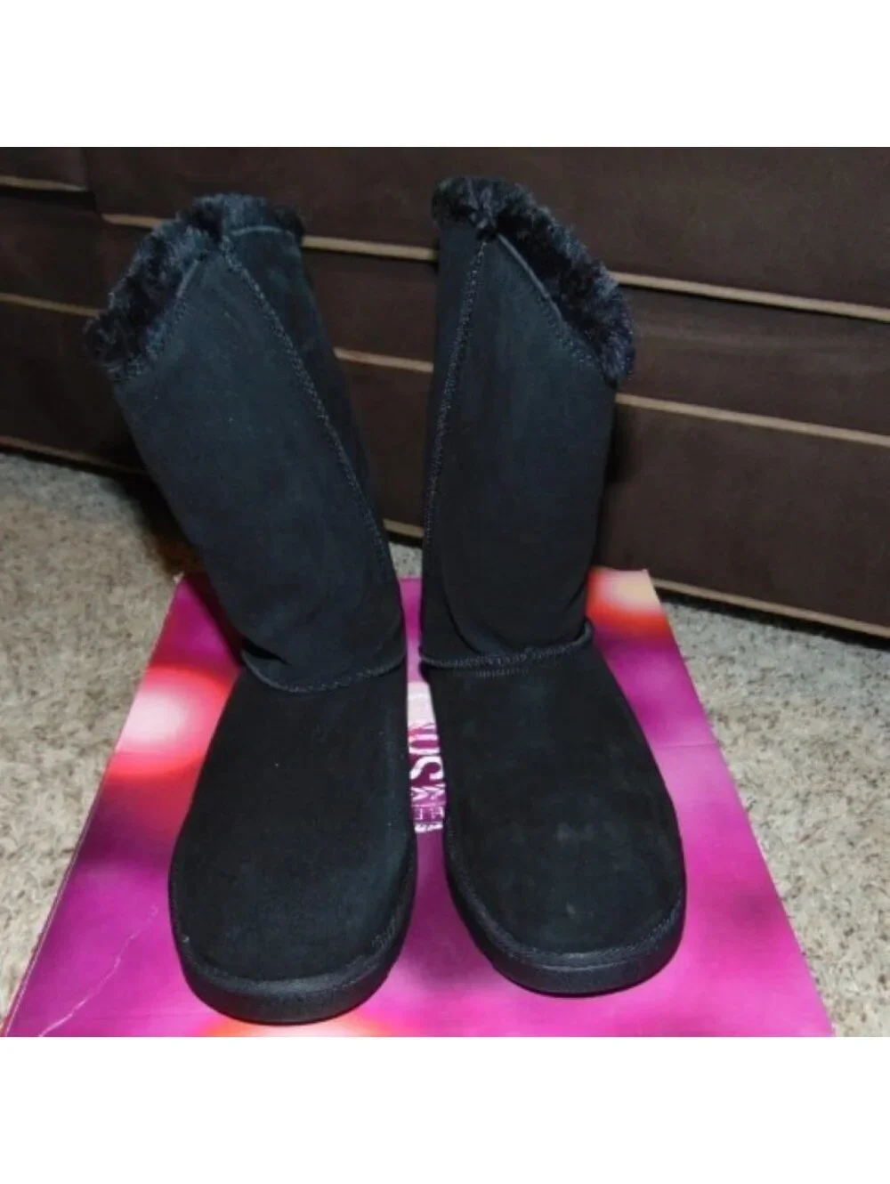 SO Winter Boots 7 Womens Black Mid Calf Pull On Plush Suede Button Fx Fur Trim